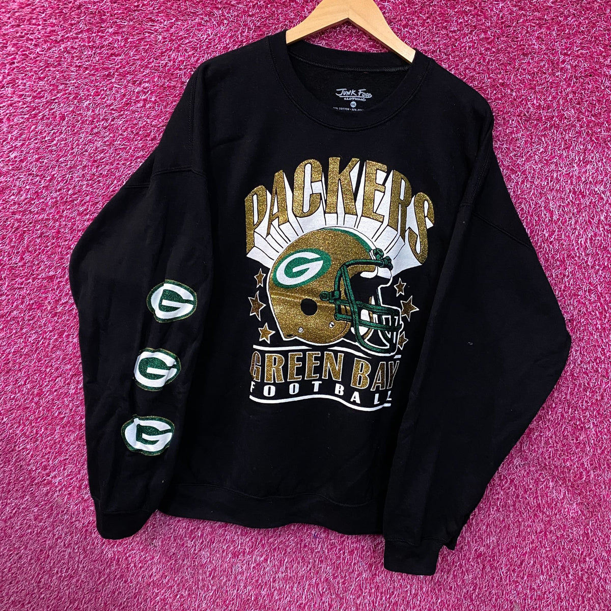 Junk Food Clothing Green Bay Packers Glitter Helmet Flea Market Crewneck Fleece 2XL