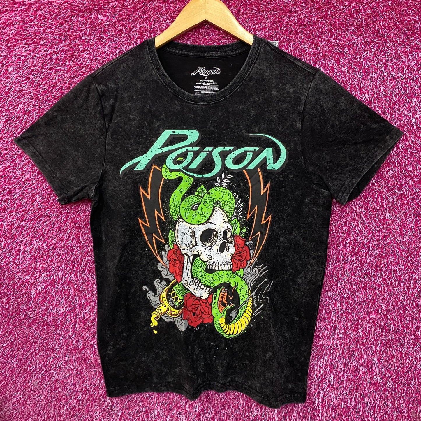 Poison Snakes and Skulls Mineral Wash Rock Band T-Shirt Medium