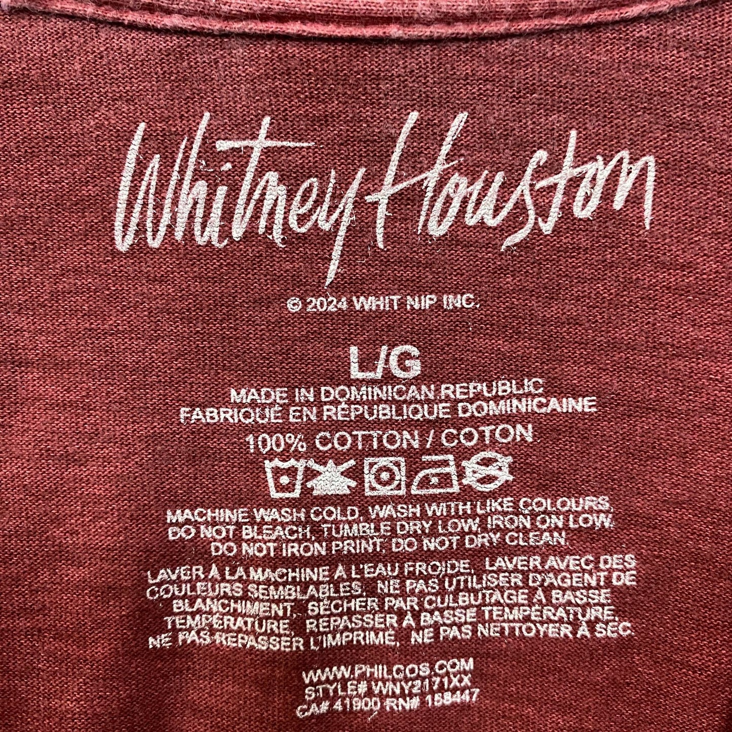 Whitney Houston I Will Always Love You Washed Graphic Burgundy T-Shirt Large