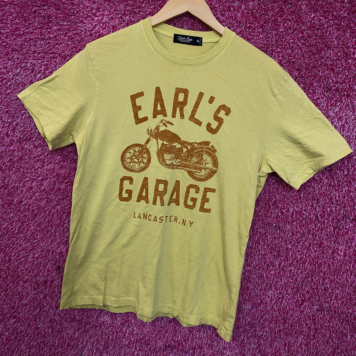 Junk Food Clothing Earls Garage Distressed Yellow Tee size Medium