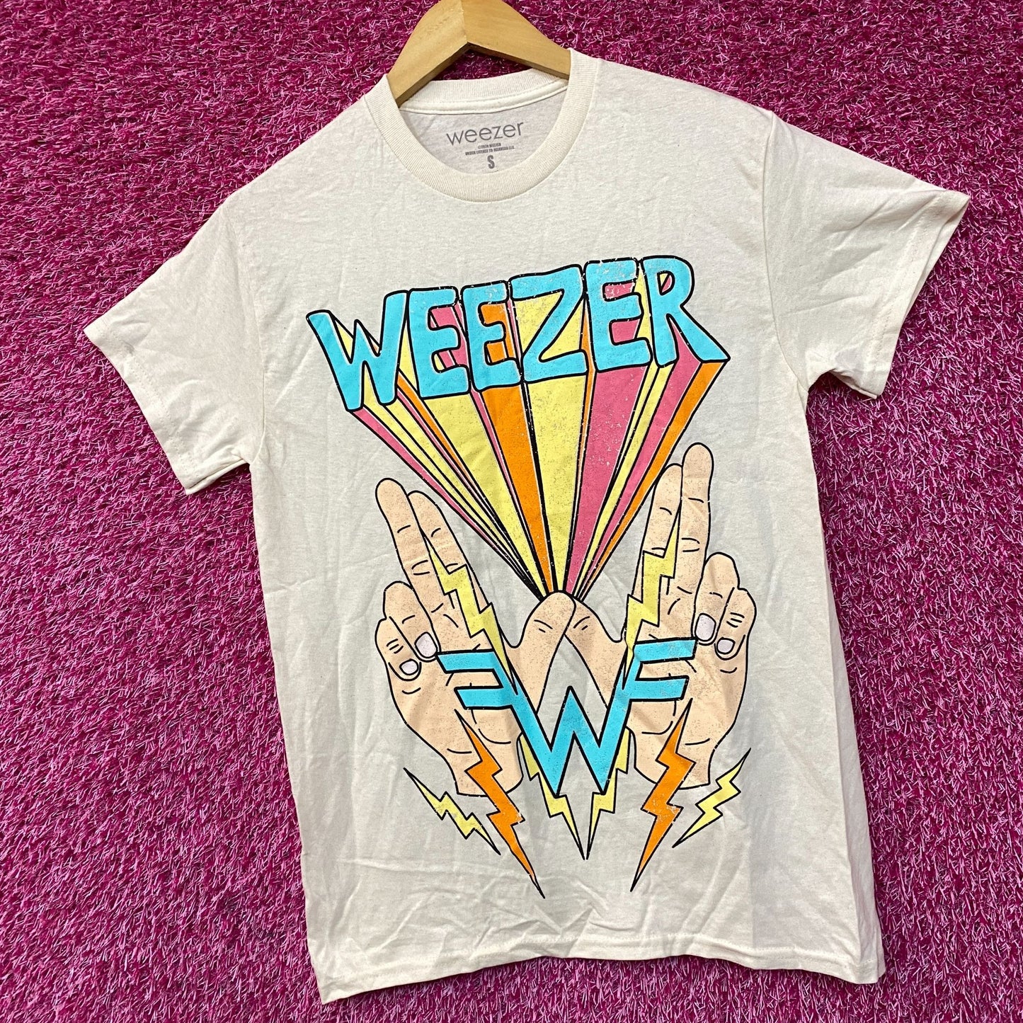 Weezer W Hands And Lightning "Teal" Album Rock Band T-Shirt Small
