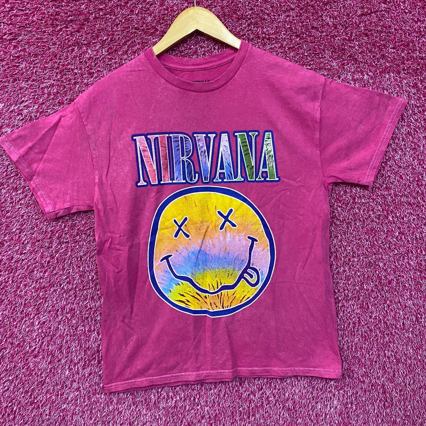 Nirvana Nevermind Album Dead Smiley Pink T-Shirt Medium
