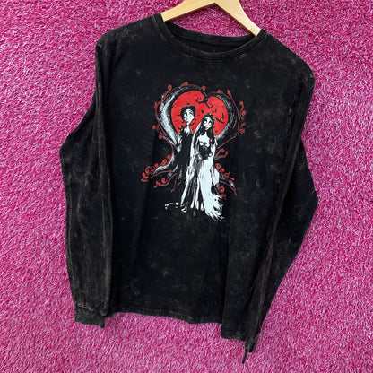 Tim Burton's Corpse Bride "Heart" Black Acid-Wash Long-Sleeve Graphic T-Shirt Medium