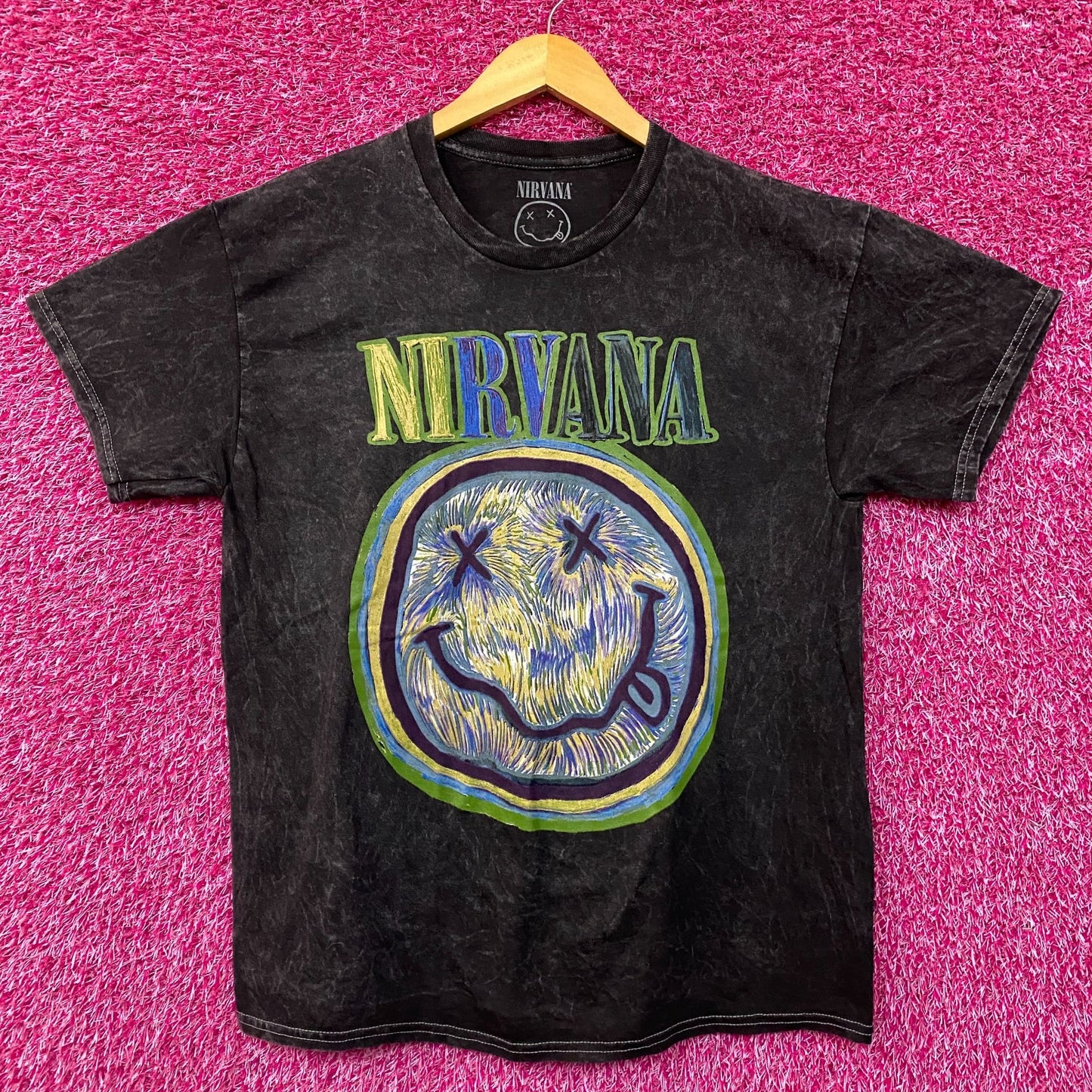 Nirvana Dead Smiley Face Acid Wash Grunge T-Shirt Large