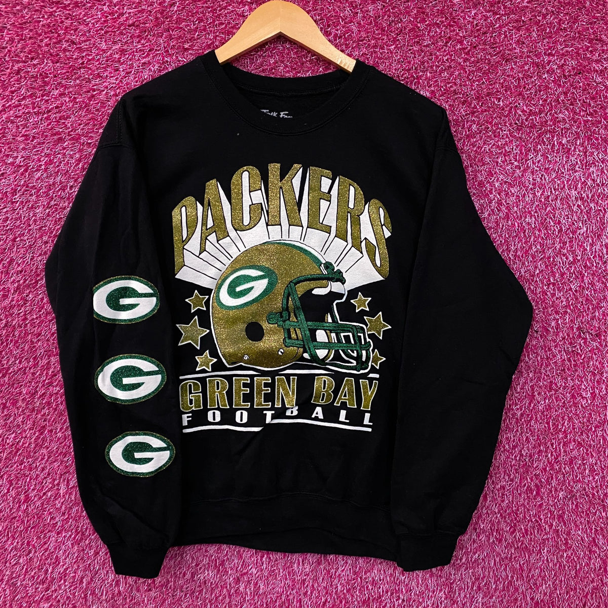Junk Food Clothing Green Bay Packers Glitter Helmet Crewneck Fleece Medium