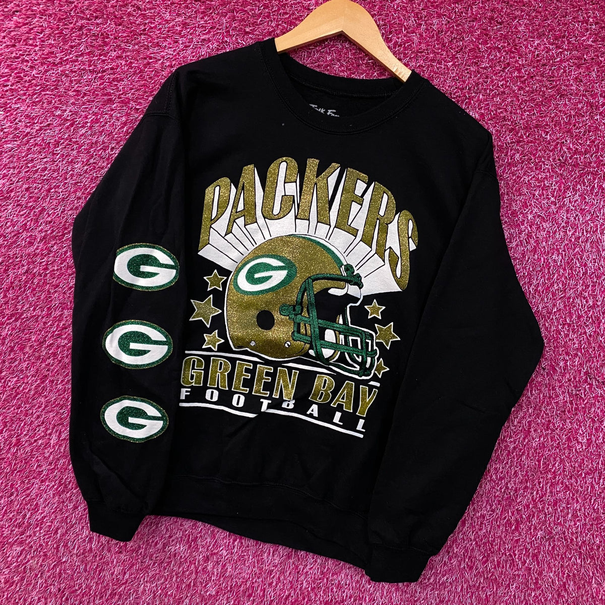 Junk Food Clothing Green Bay Packers Glitter Helmet Crewneck Fleece Medium