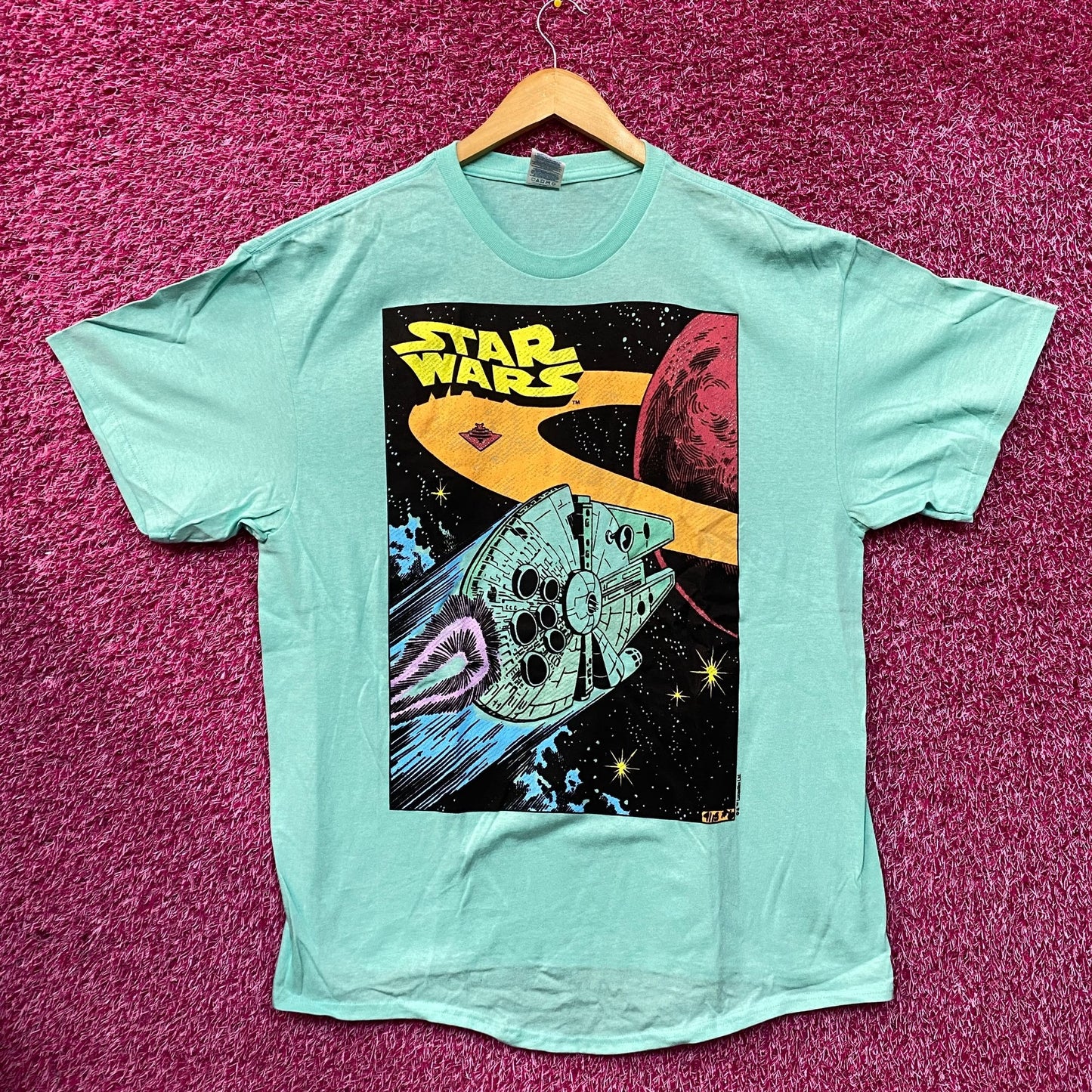Star Wars The Millennium Falcon Amazing Graphic Design Vintage Style Teal T-Shirt XL