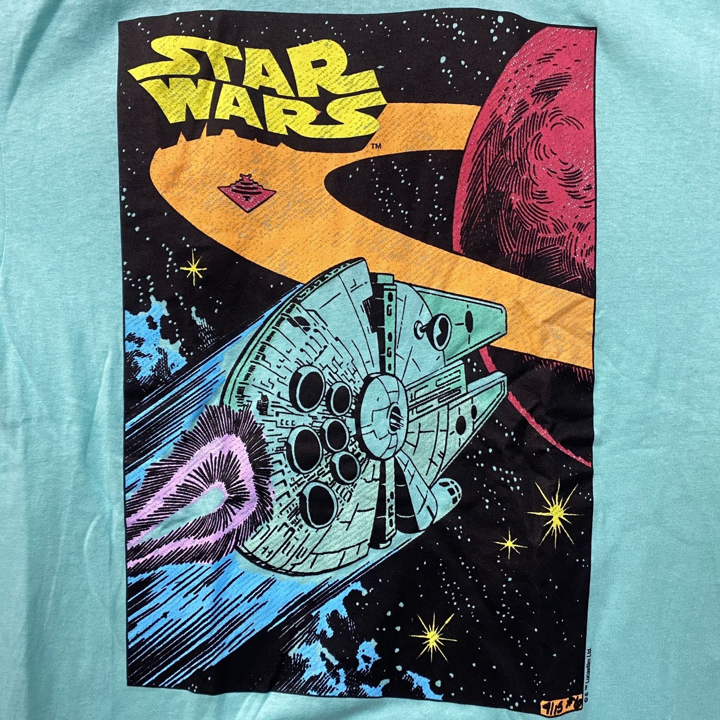 Star Wars The Millennium Falcon Amazing Graphic Design Vintage Style Teal T-Shirt XL