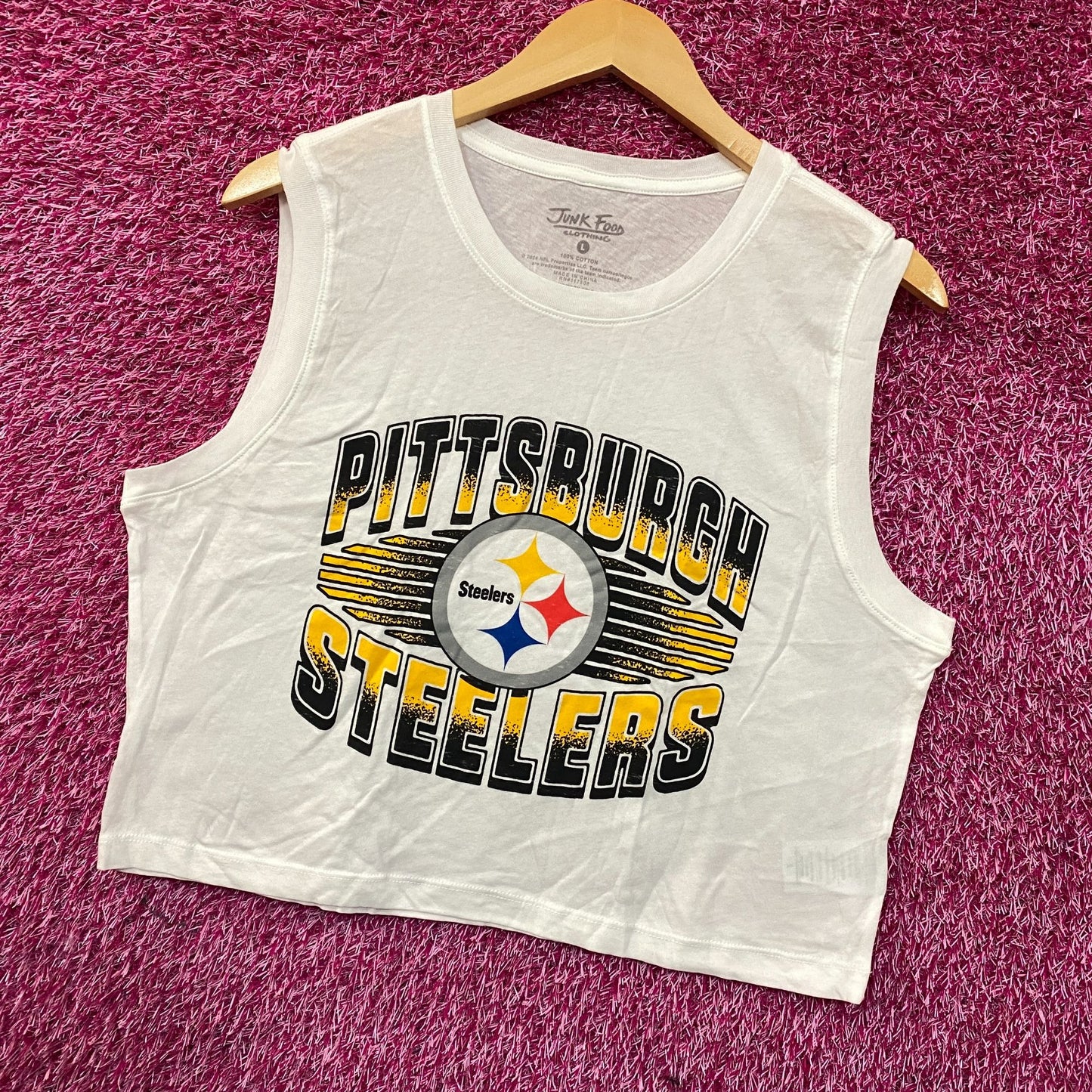 Junk Food Pittsburgh Steelers Football Cropped Sleeveless T-Shirt Large