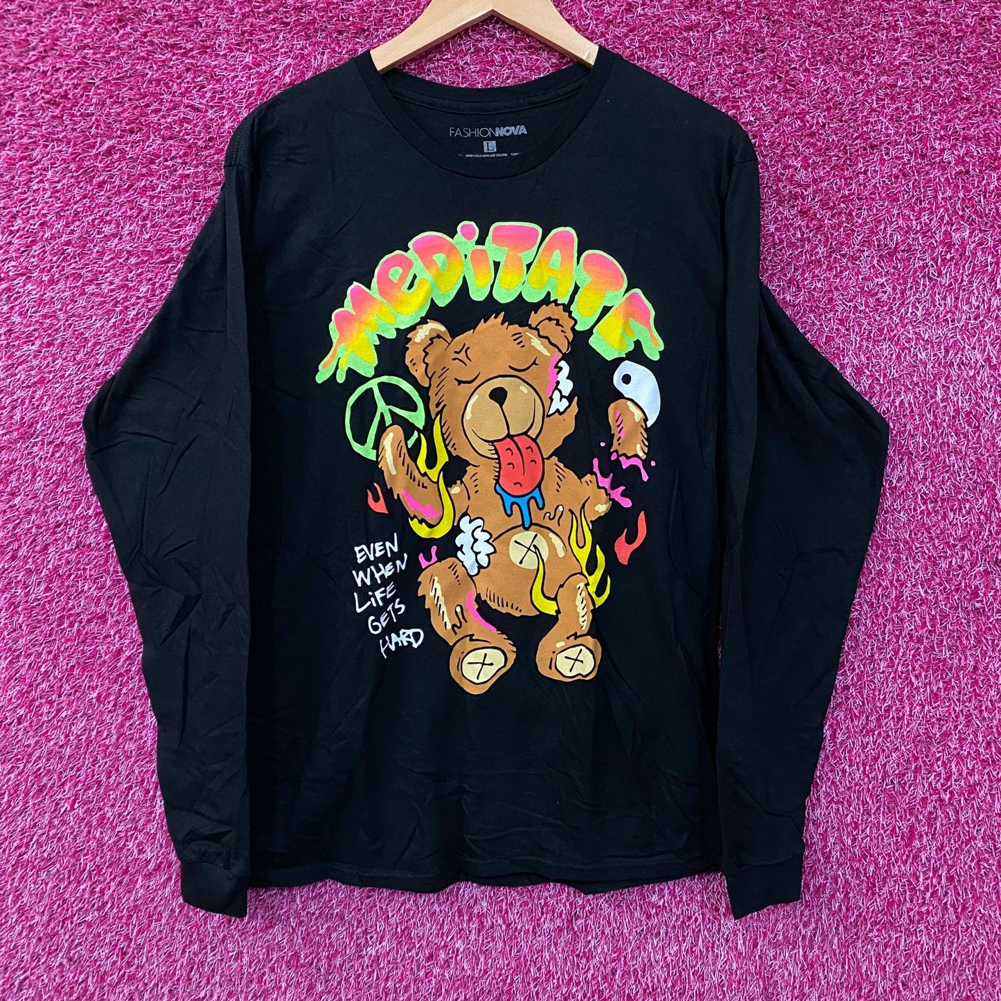 Fashion Nova Meditate Bear Long Sleeve Tee Large