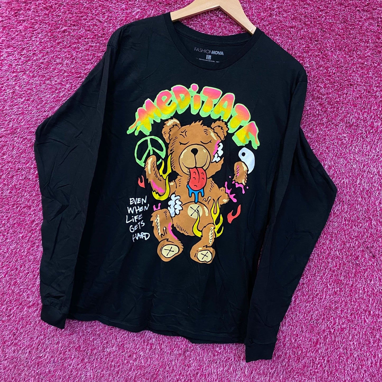 Fashion Nova Meditate Bear Long Sleeve Tee Large