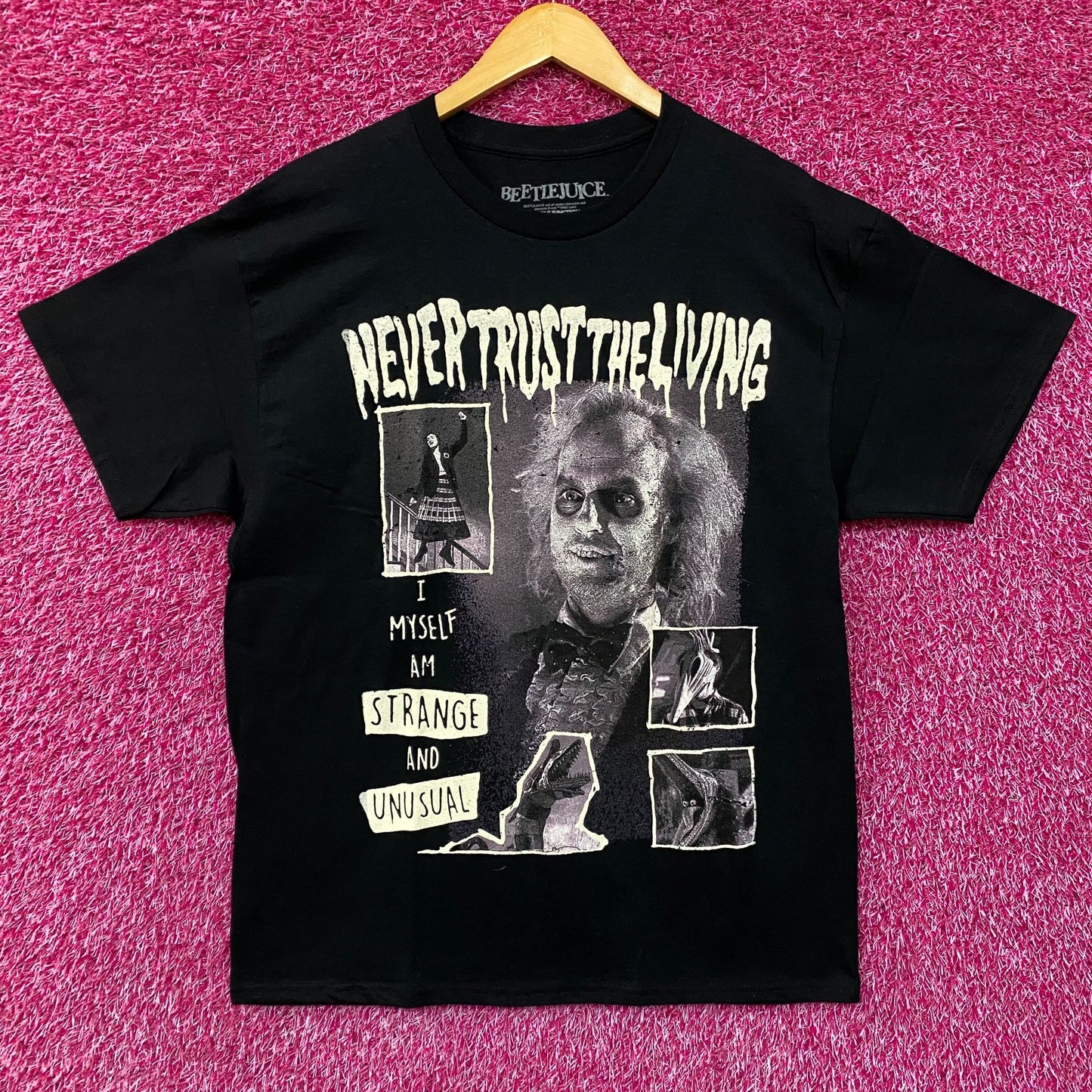 Beetle Juice Never Trust The Living Collage Graphic T-Shirt Large