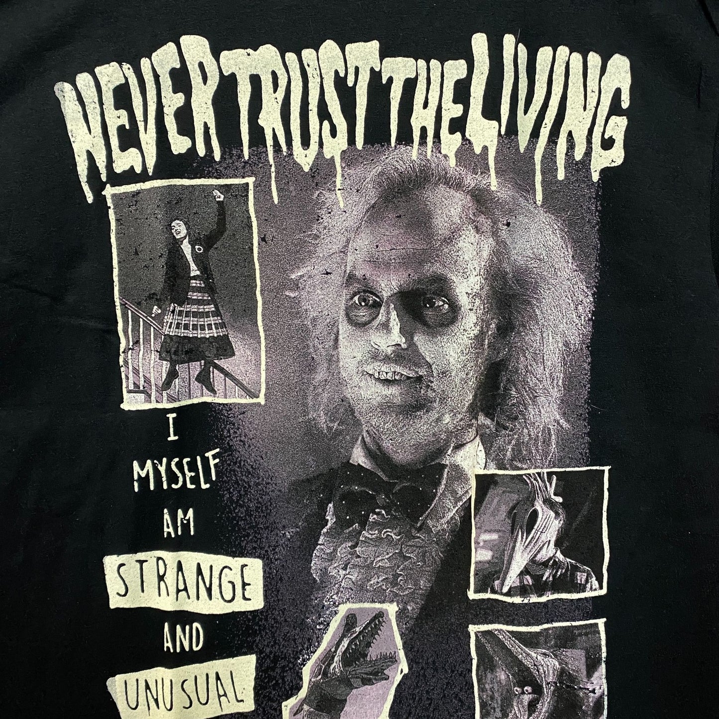 Beetle Juice Never Trust The Living Collage Graphic T-Shirt Large