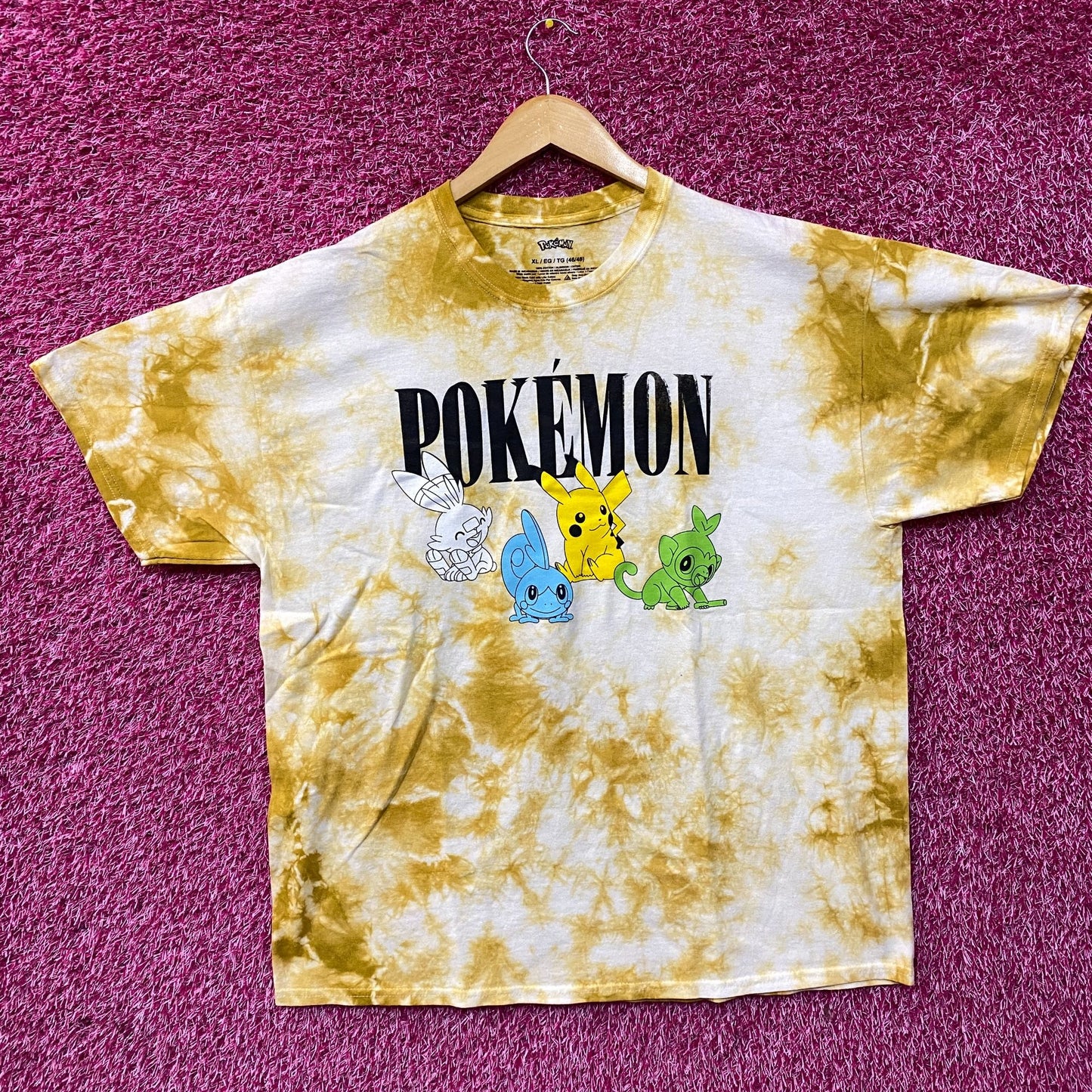 Pokemon Pikachu Grookey Scorbunny Sobble Gold Yellow Tie-Dye Shirt XL