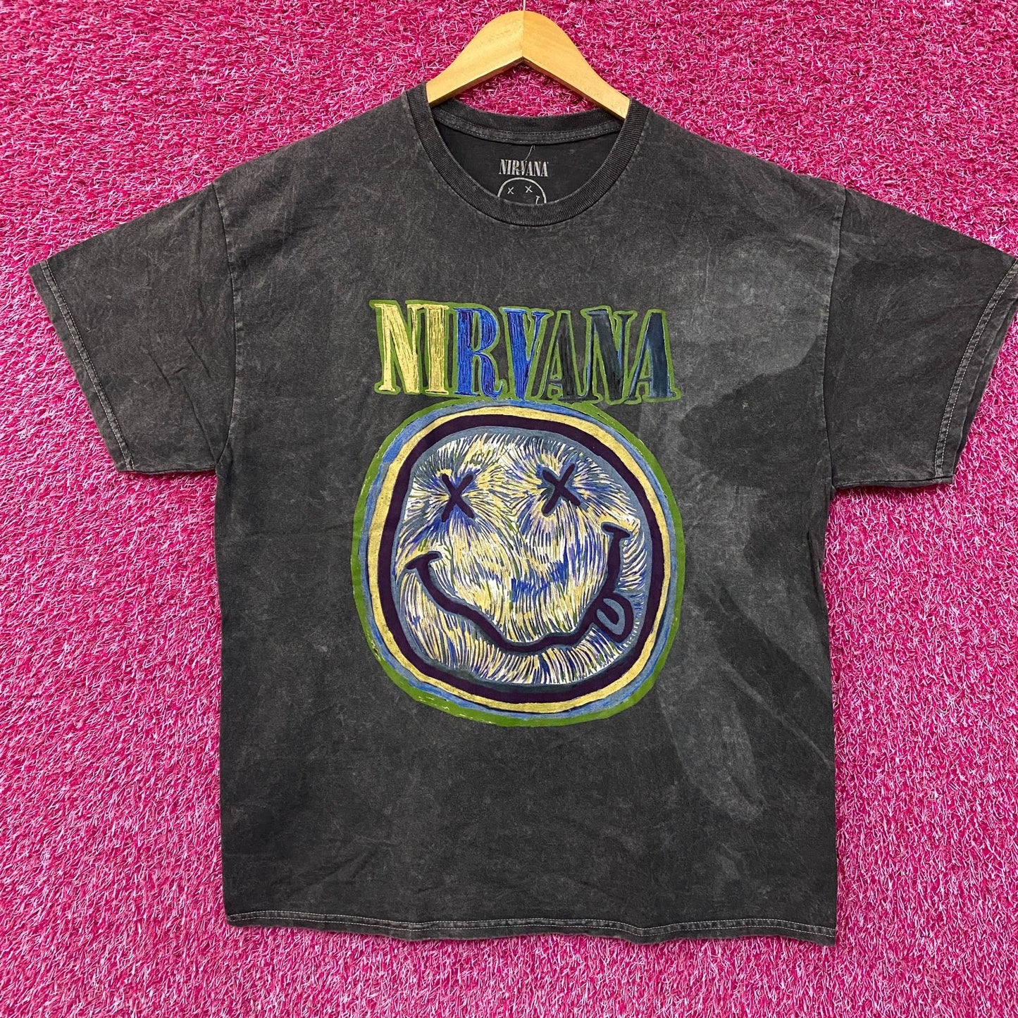 Nirvana Dead Smiley Face Acid Wash Grunge T-Shirt XL