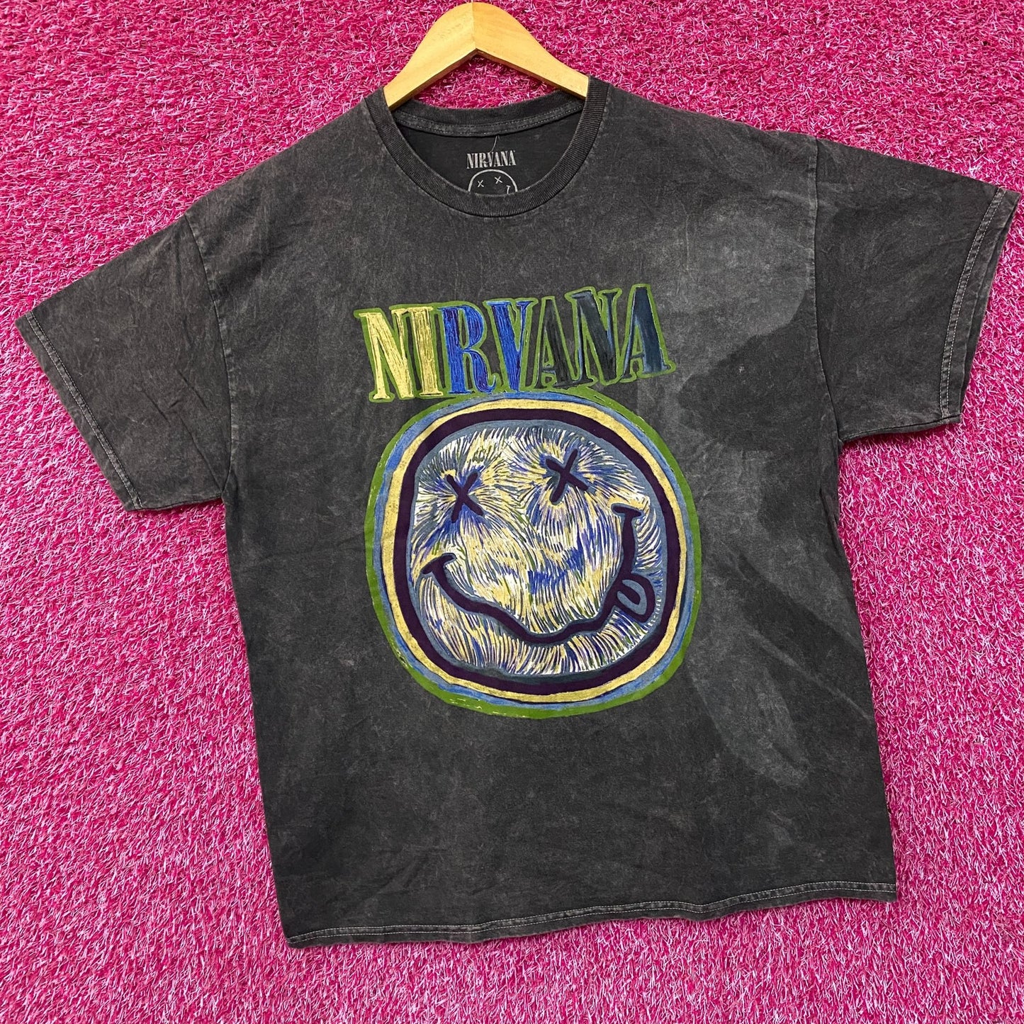 Nirvana Dead Smiley Face Acid Wash Grunge T-Shirt XL