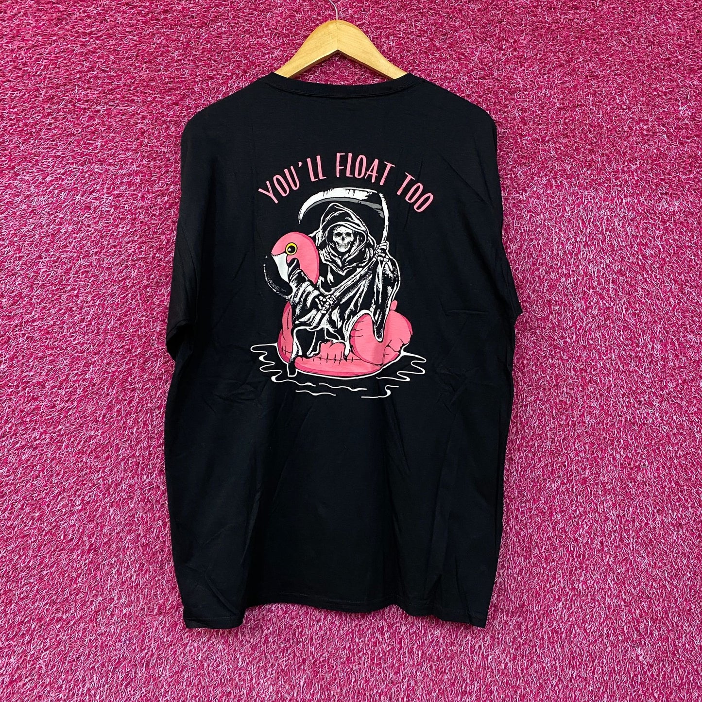 You’ll Float Too Grim Reaper Flamingo Floatie Long Sleeve L
