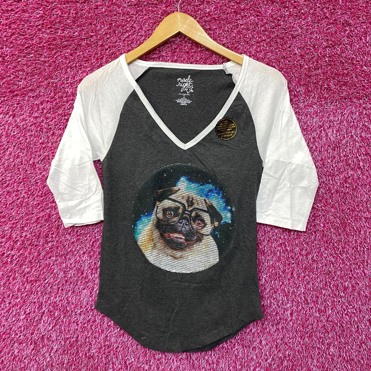 Pug in space baseball tee size medium