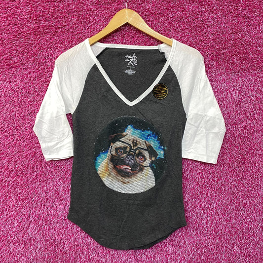Pug in space baseball tee size medium