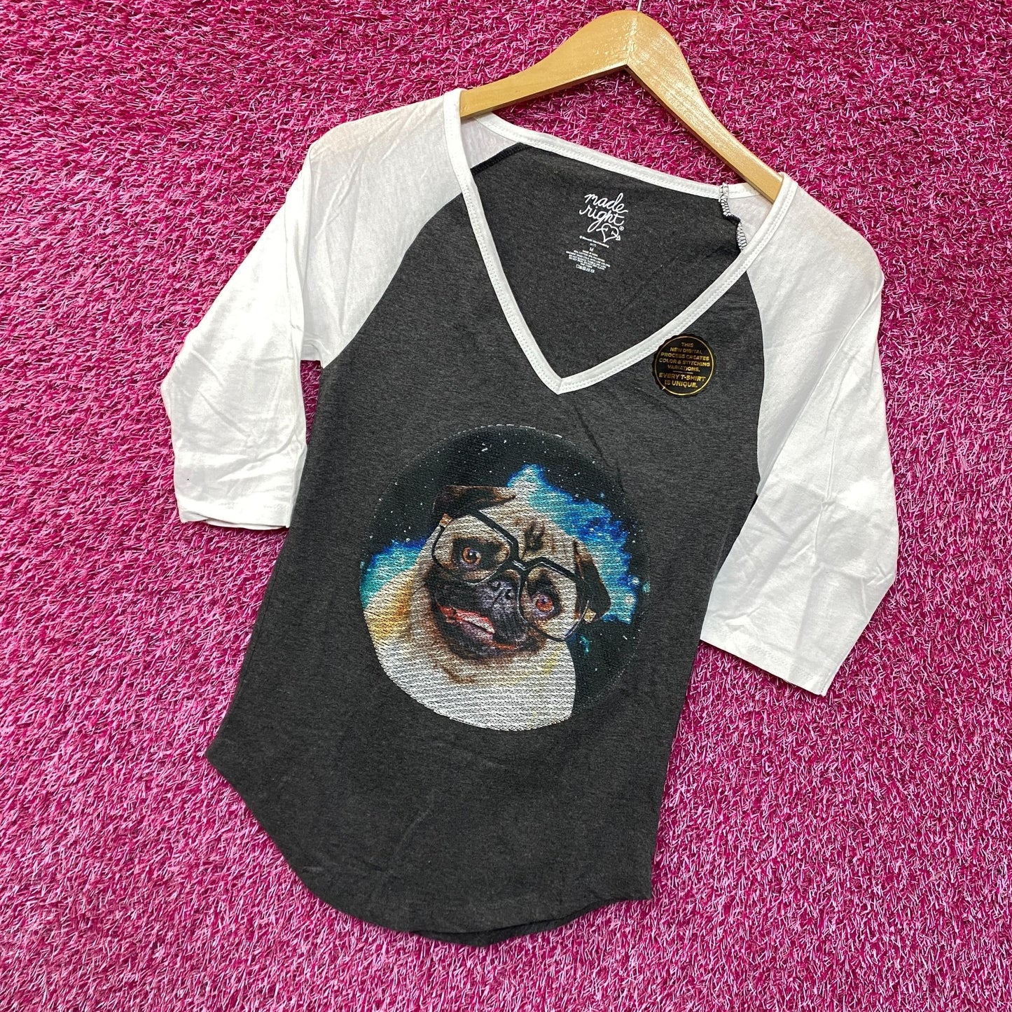 Pug in space baseball tee size medium