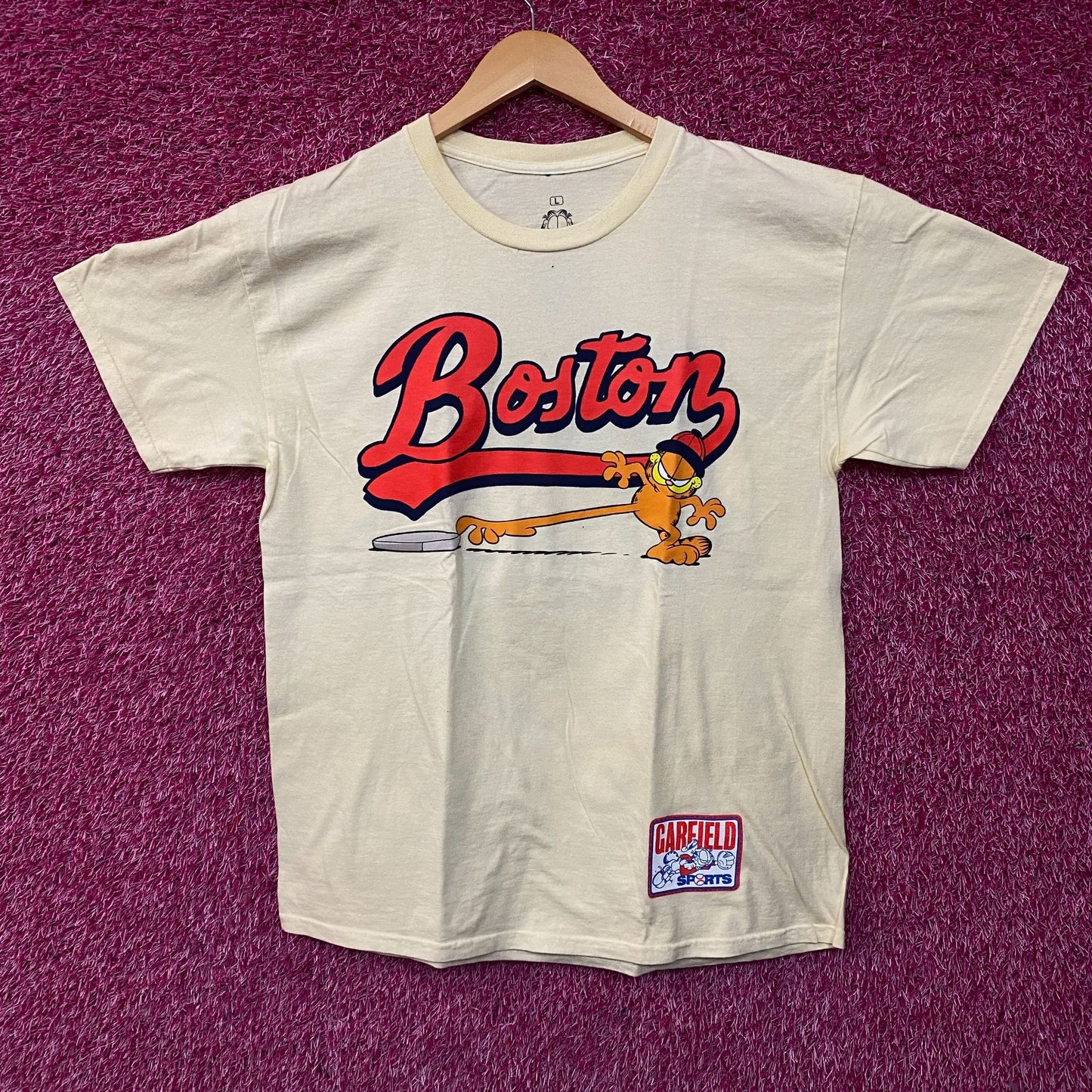 Garfield Boston Baseball Cartoon Graphic Design T-Shirt Large