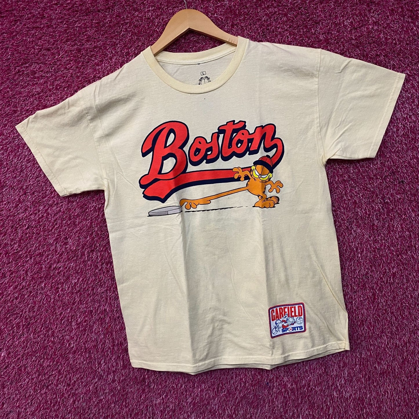 Garfield Boston Baseball Cartoon Graphic Design T-Shirt Large