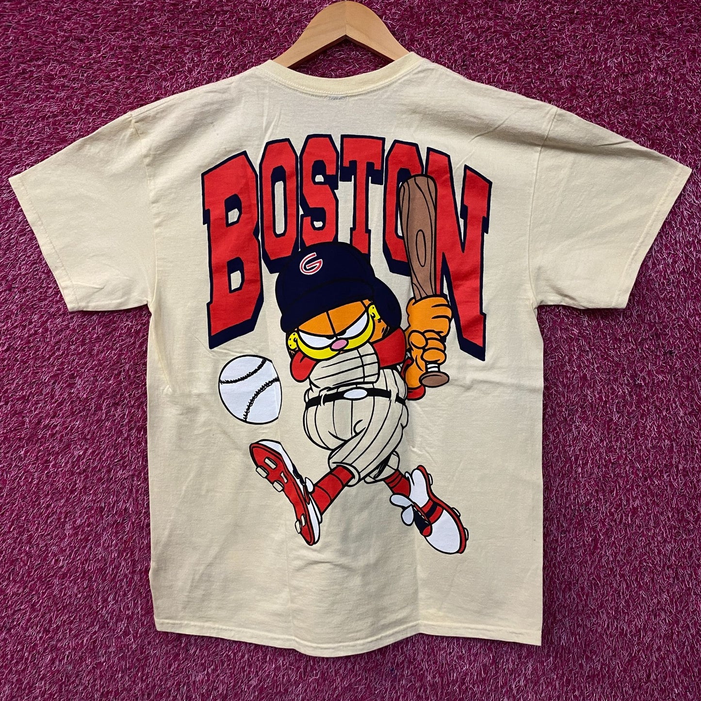 Garfield Boston Baseball Cartoon Graphic Design T-Shirt Large