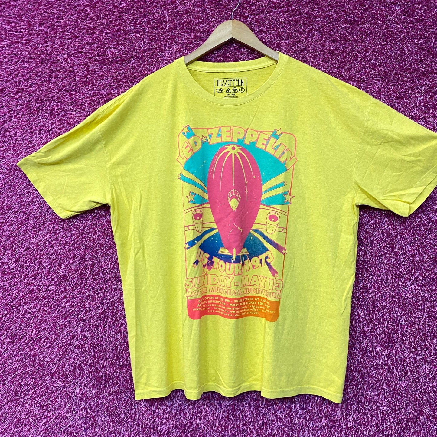 Led Zeppelin US Tour 1973 Rock Band Yellow T-Shirt XL