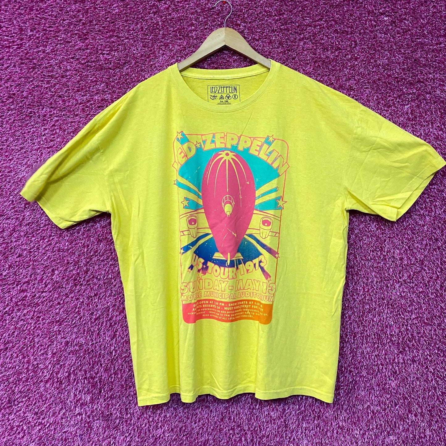 Led Zeppelin US Tour 1973 Rock Band Yellow T-Shirt XL