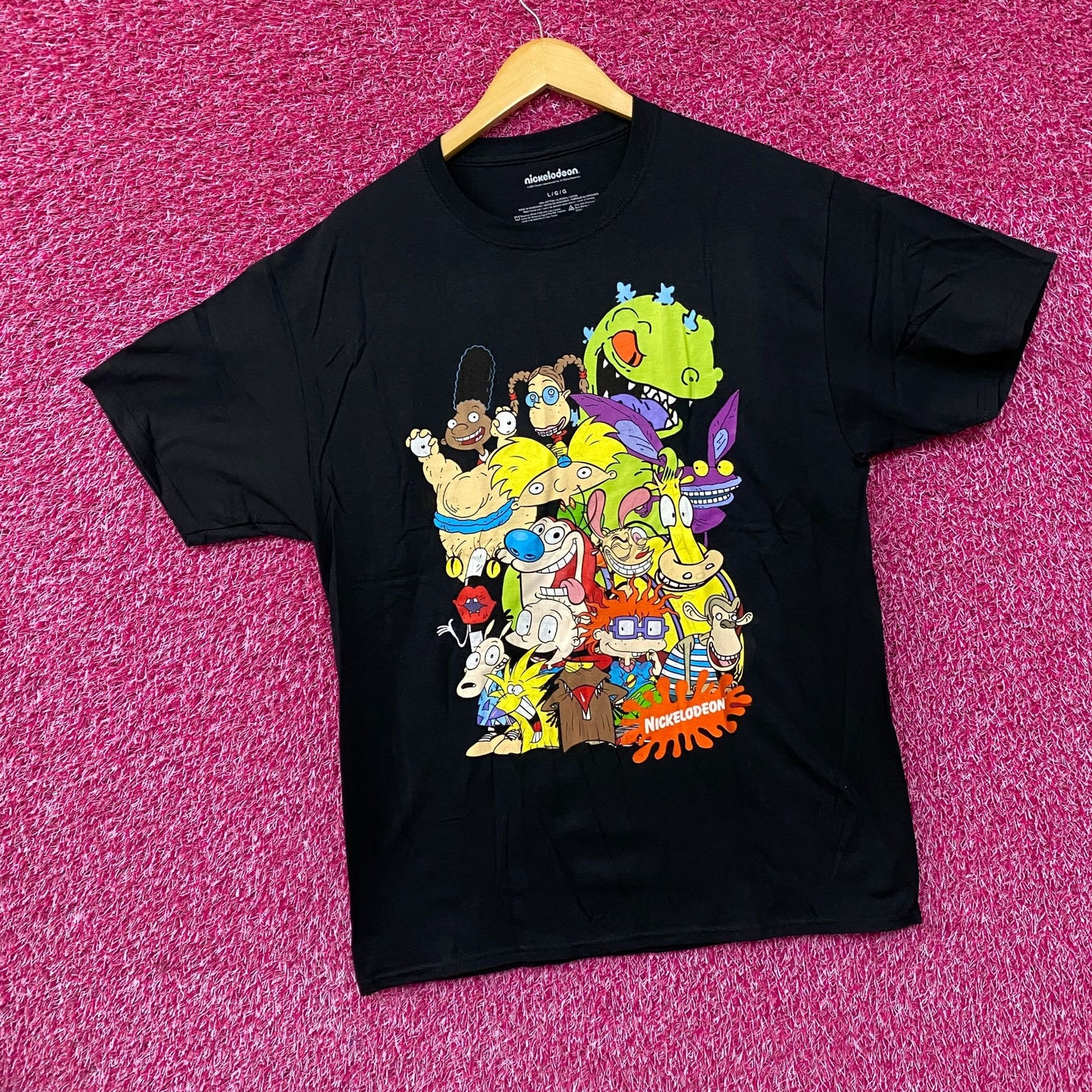 Nickelodeon Cartoon Characters Group Shot Graphic Black Tee Large