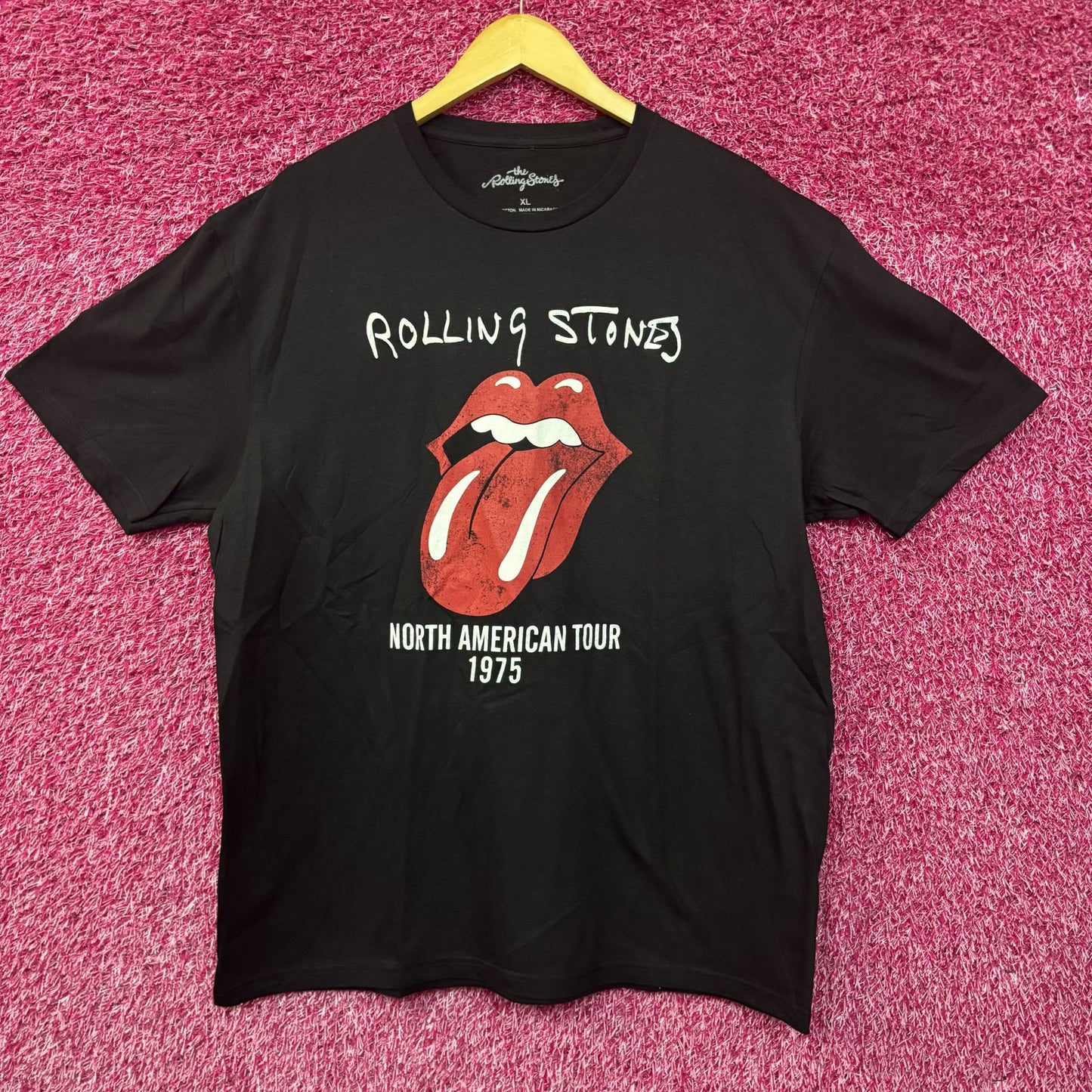 Rolling Stones Hot Lips Logo North American Tour 1975 Black T-Shirt XL