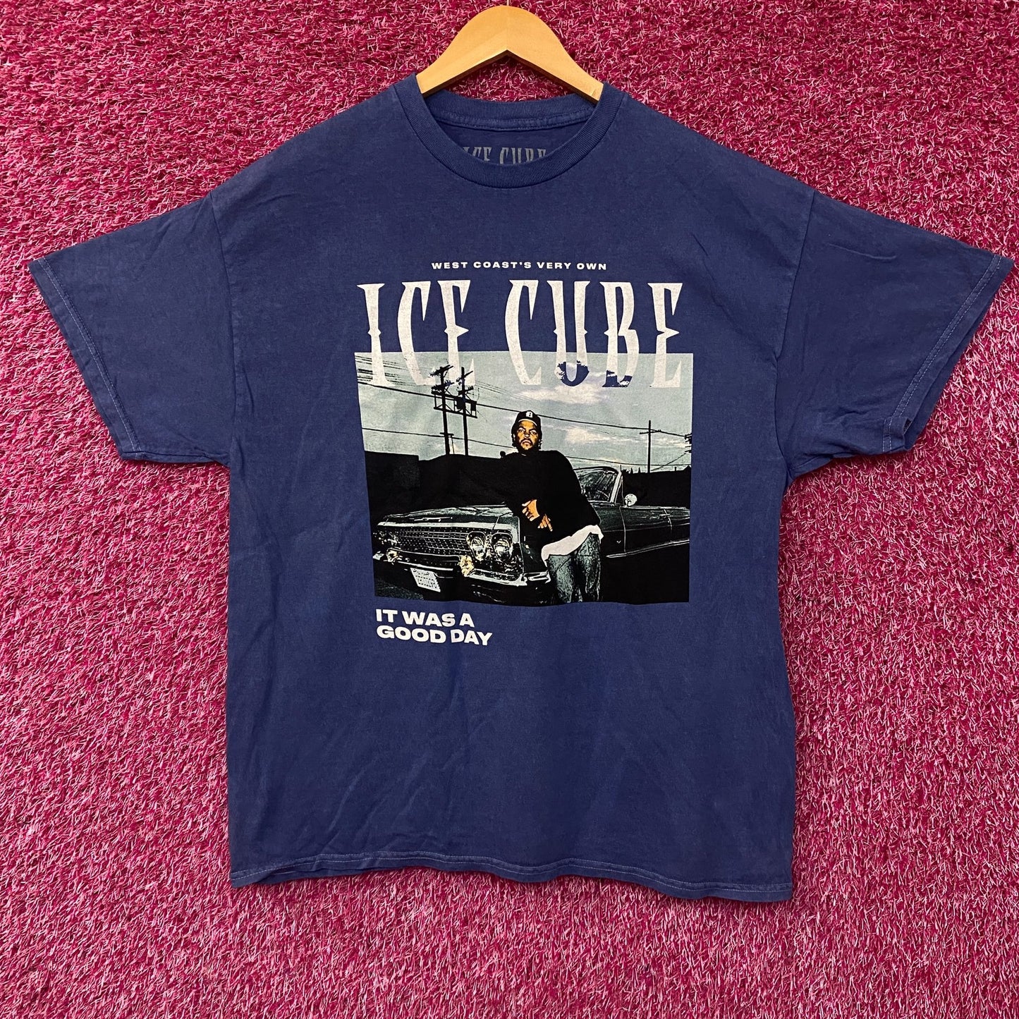Ice Cube West Coast Good Day Portrait Acid Wash Blue Graphic T-Shirt XL