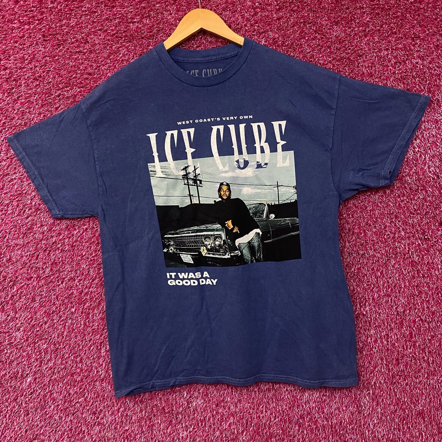 Ice Cube West Coast Good Day Portrait Acid Wash Blue Graphic T-Shirt XL