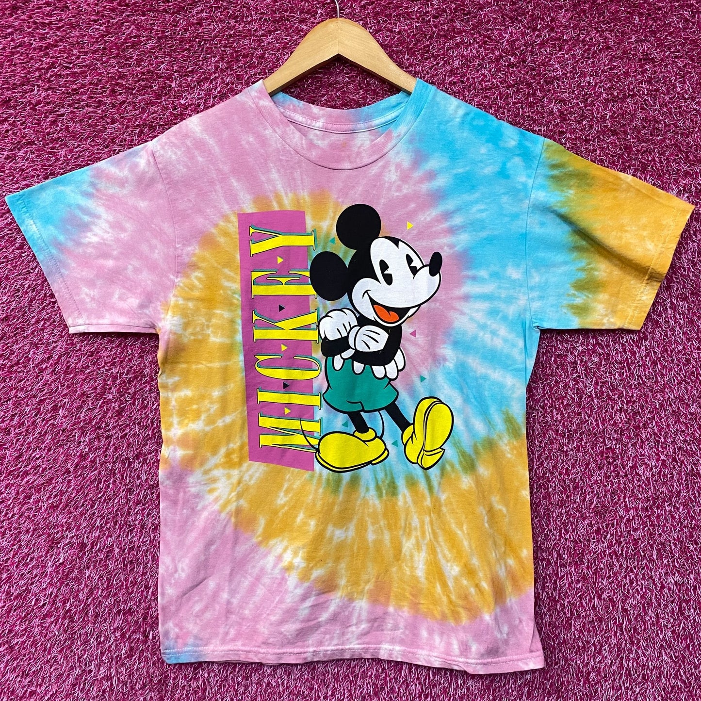 Disney's Mickey Mouse Vertical Rainbow Name Tie Dye Graphic Tee Small