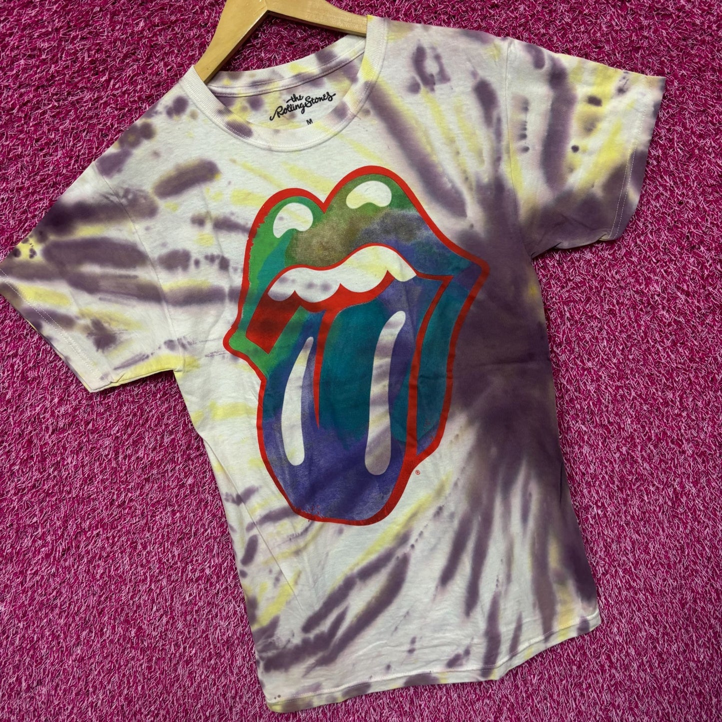 The Rolling Stones Hot Lips Womens Tie Dye Boyfriend Top M