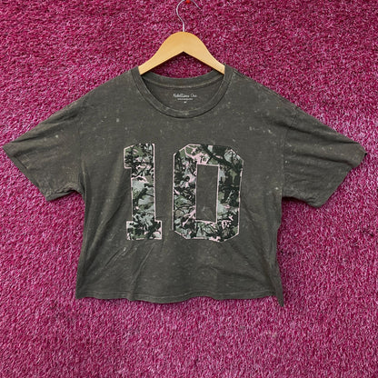 Rebellious One Grey Pink Camo Varsity Number 10 Mineral Wash Crop T-Shirt Medium