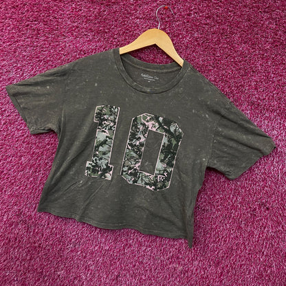 Rebellious One Grey Pink Camo Varsity Number 10 Mineral Wash Crop T-Shirt Medium