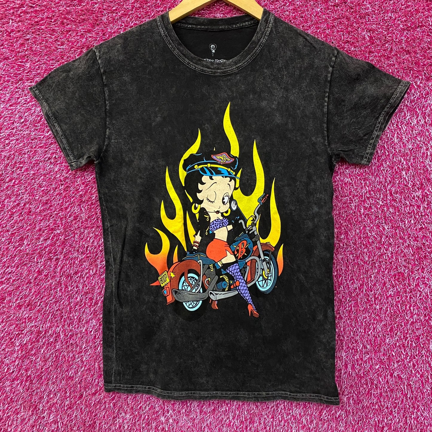 Betty Boop Biker Betty Flames Graphic Tee Charcoal Small