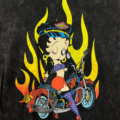 Betty Boop Biker Betty Flames Graphic Tee Charcoal Small