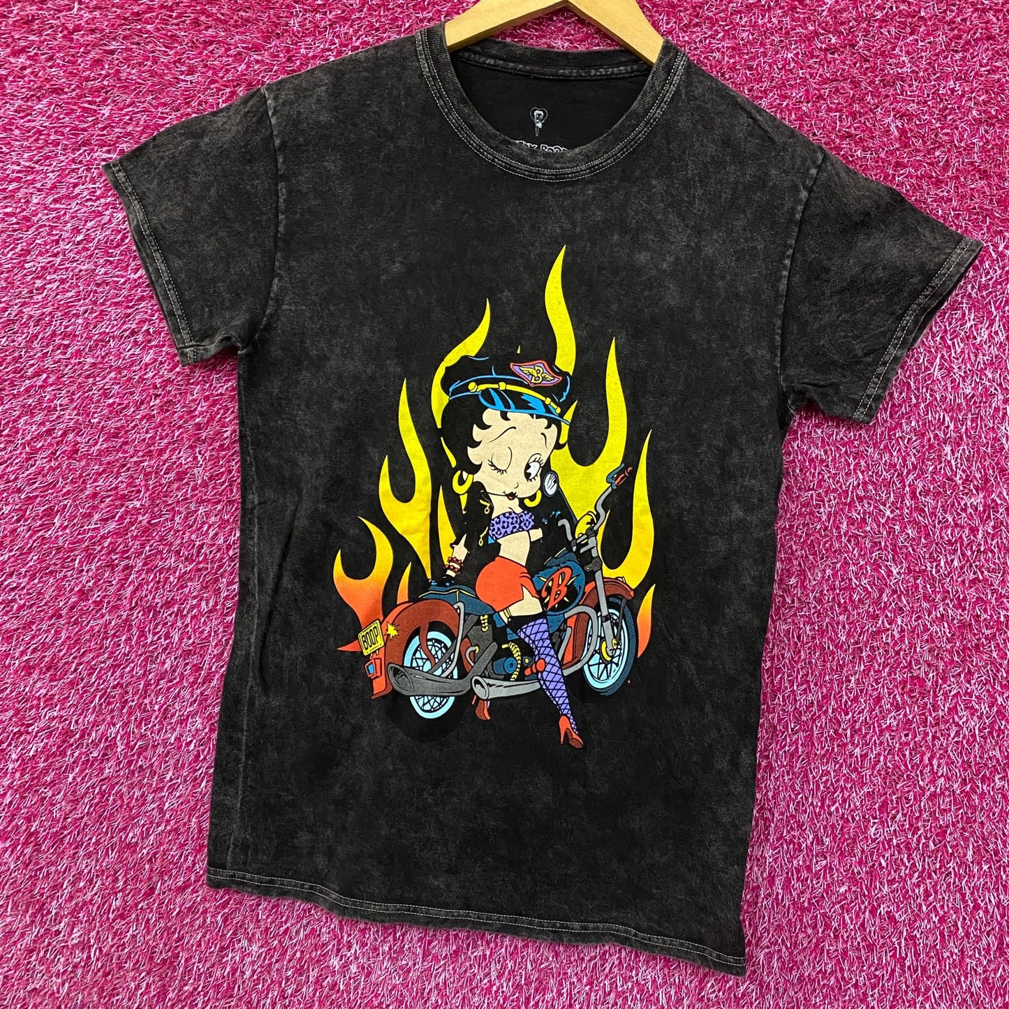 Betty Boop Biker Betty Flames Graphic Tee Charcoal Small
