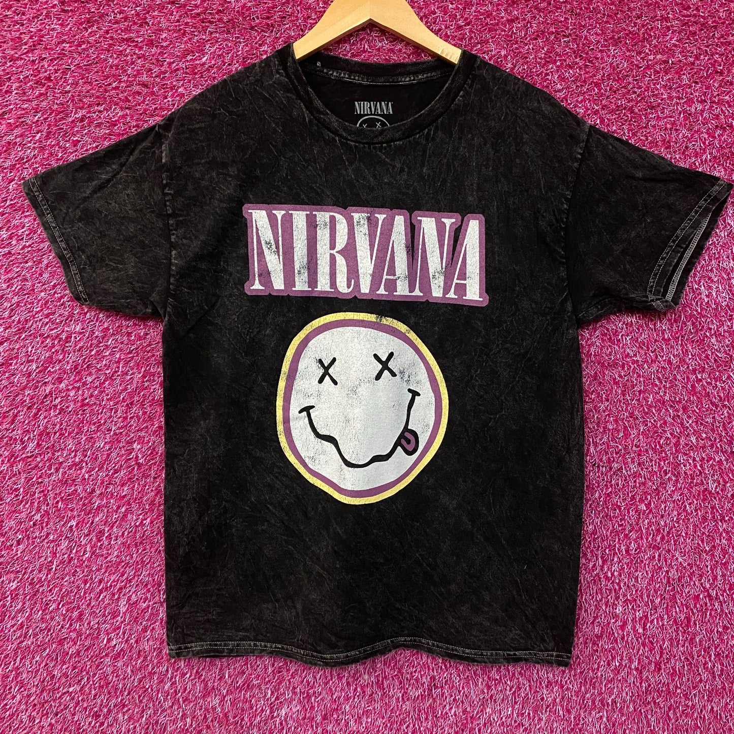Nirvana Dead Smiley Face Logo Mineral Wash T-Shirt Large