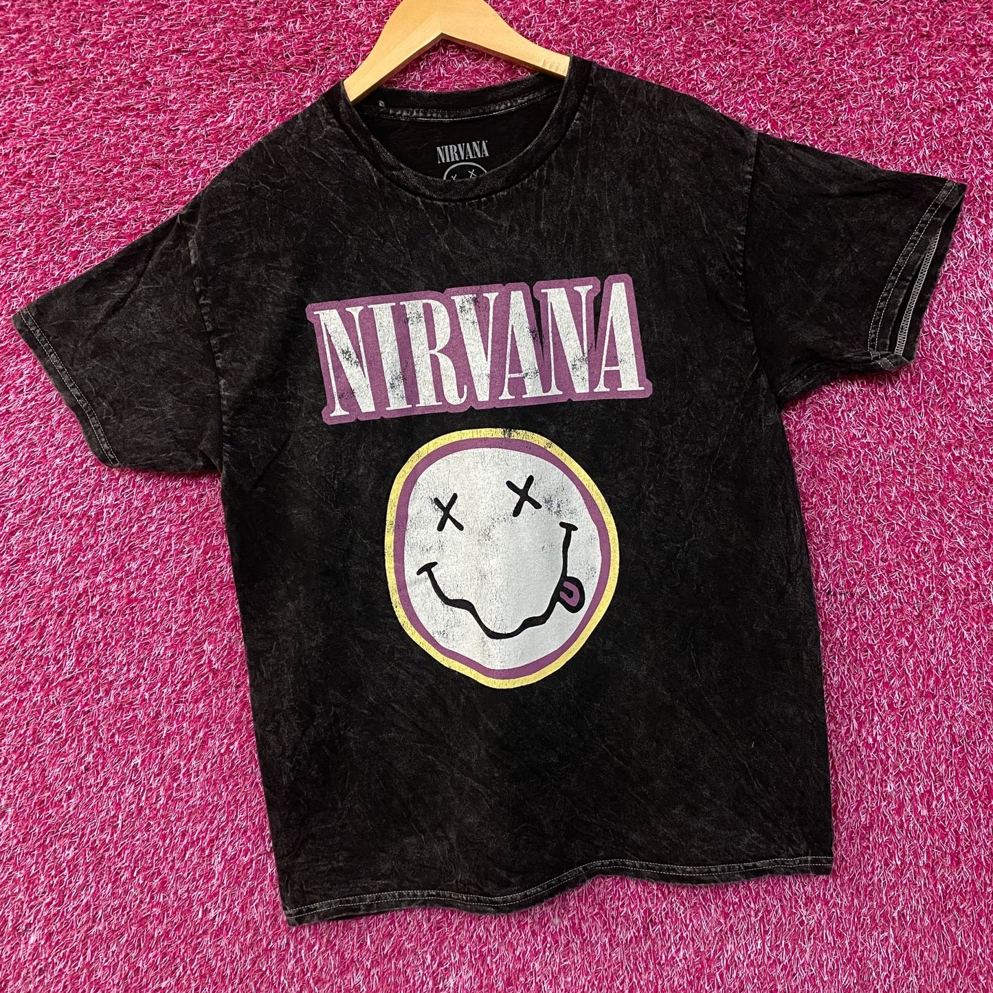 Nirvana Dead Smiley Face Logo Mineral Wash T-Shirt Large