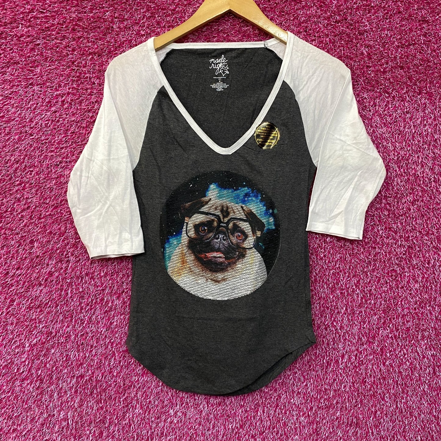 Made Right Pug with Glasses 3/4 Long Sleeve V-Neck T-Shirt Medium