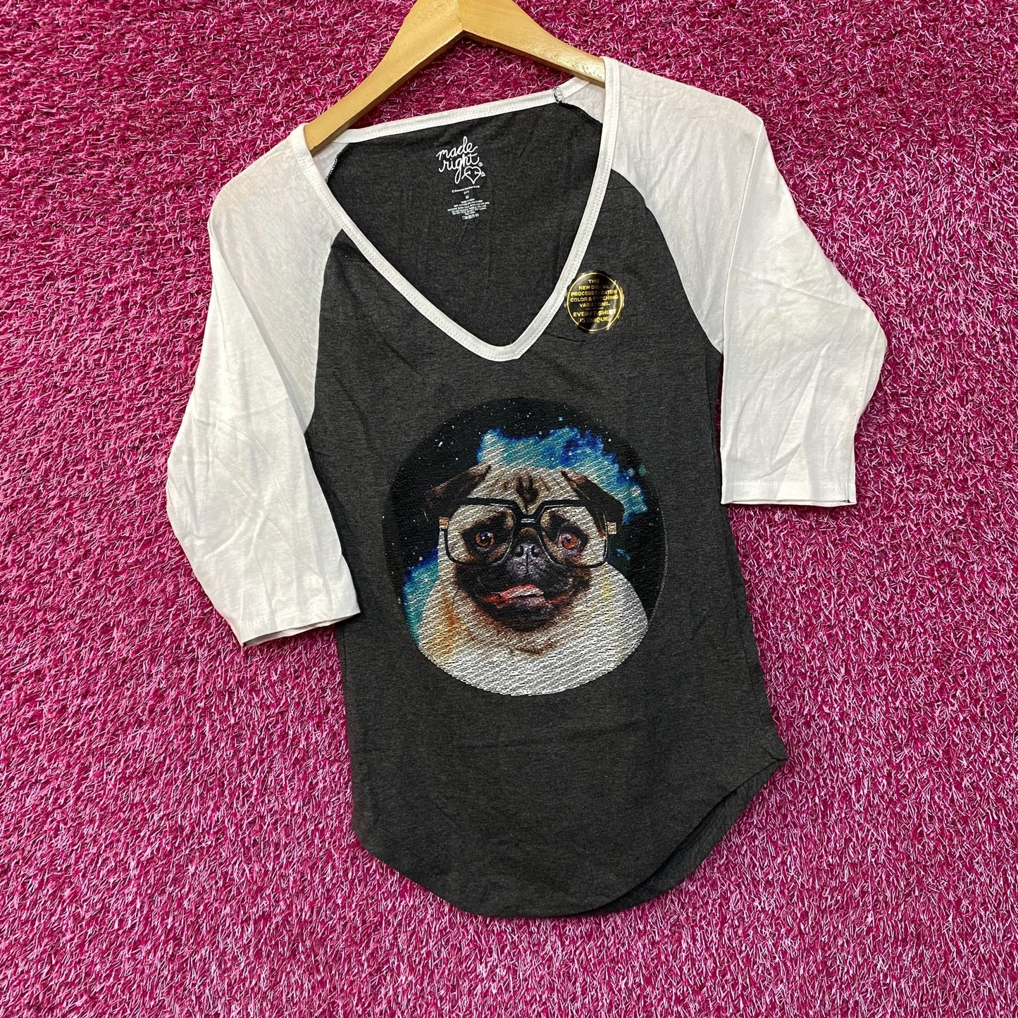 Made Right Pug with Glasses 3/4 Long Sleeve V-Neck T-Shirt Medium