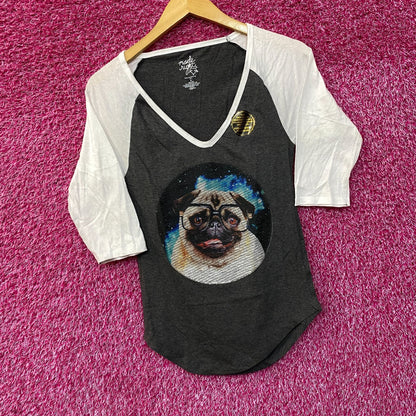 Made Right Pug with Glasses 3/4 Long Sleeve V-Neck T-Shirt Medium