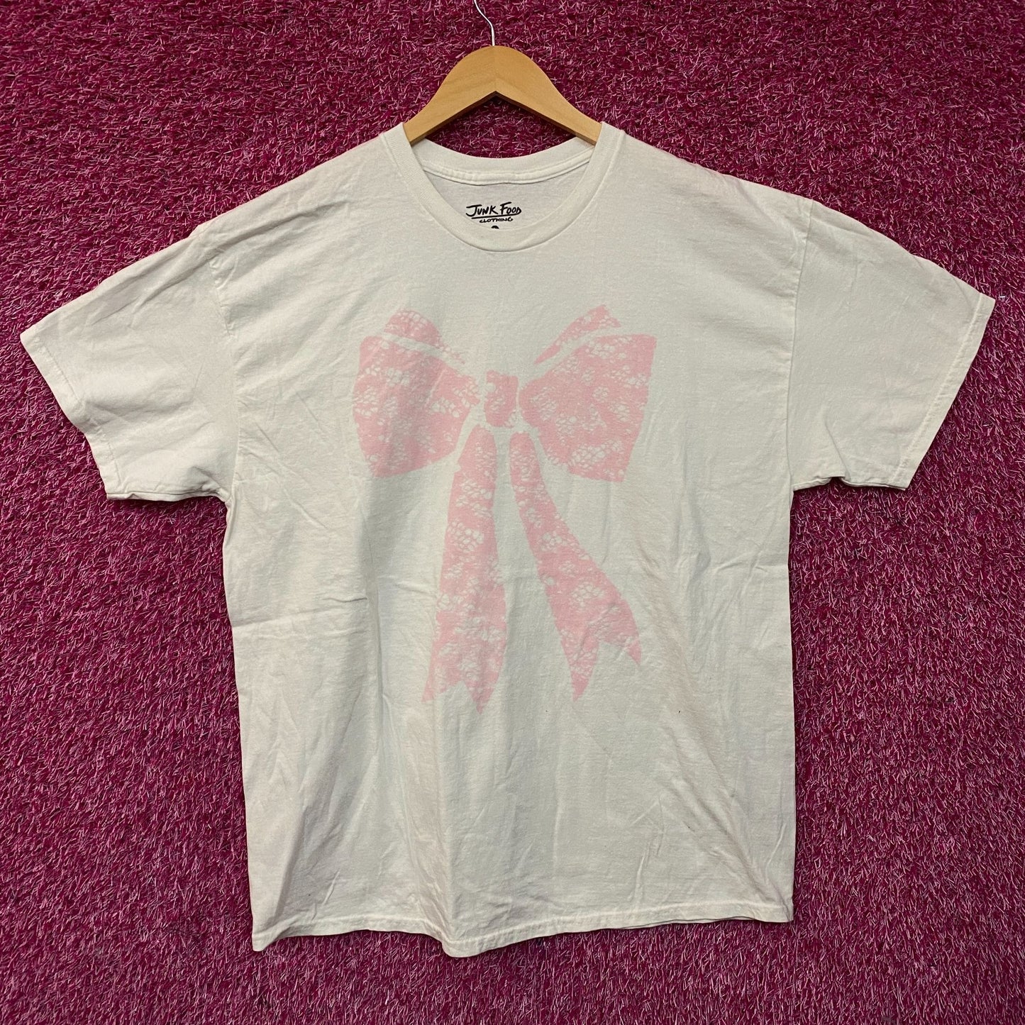 Pink Lace Print Bow T-shirt Large
