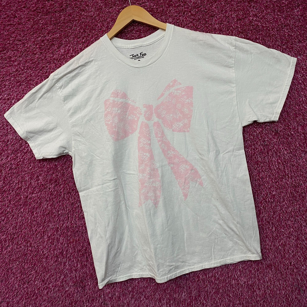 Pink Lace Print Bow T-shirt Large
