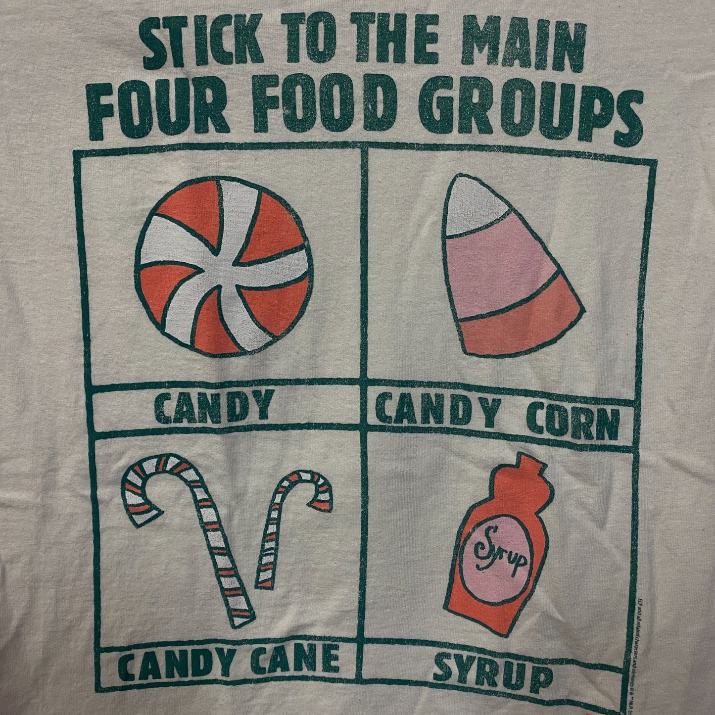 Junk Food Clothing Elf "Stick to the Main Four Food Groups" T-Shirt XS