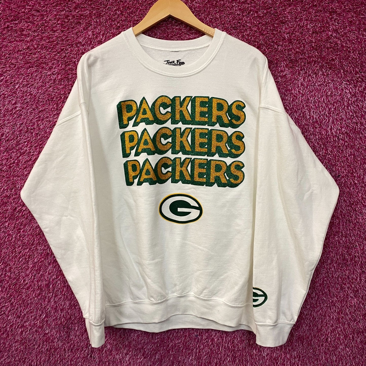 Junk Food Clothing Green Bay Packers Repeat Bling Glitter Crewneck Sweatshirt Large