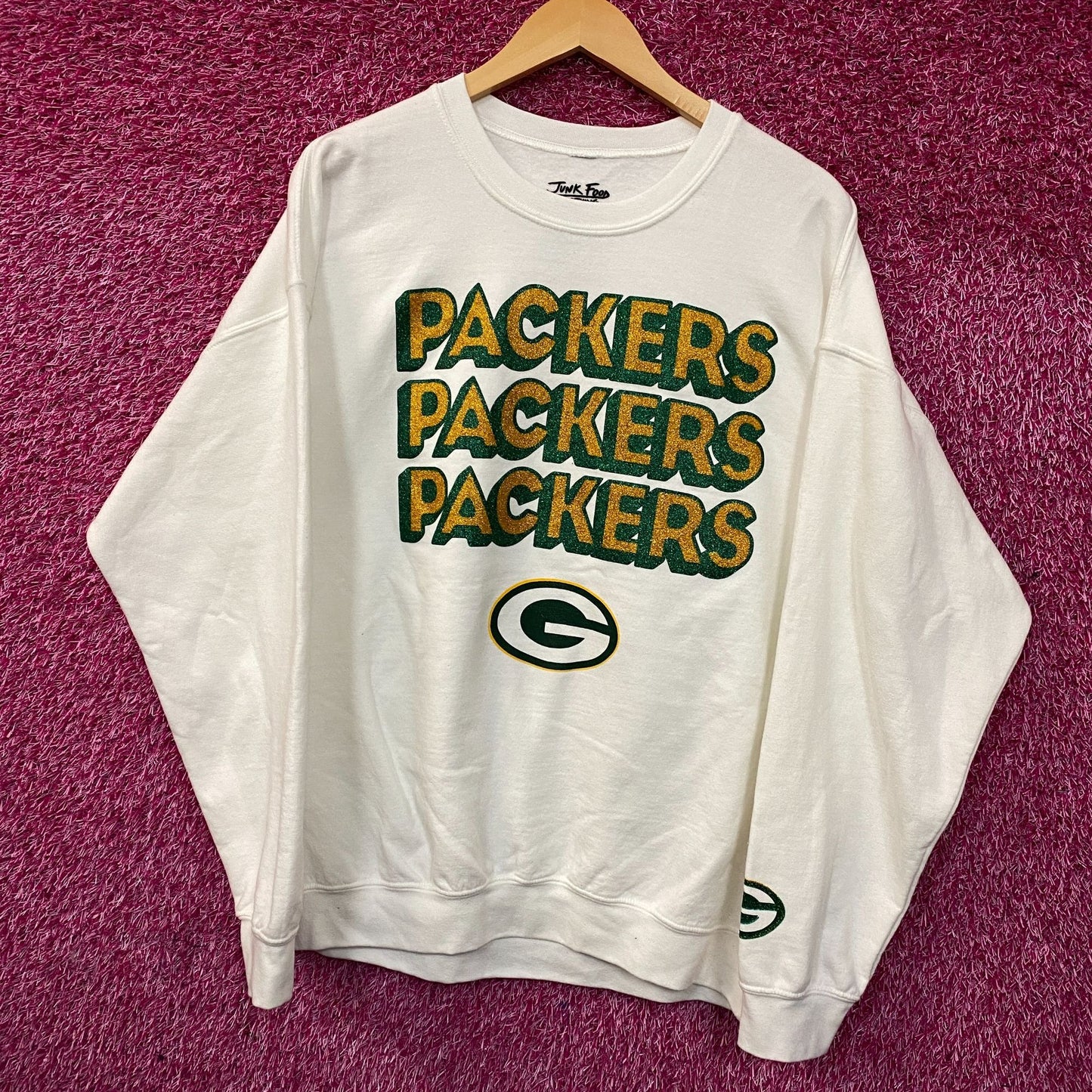 Junk Food Clothing Green Bay Packers Repeat Bling Glitter Crewneck Sweatshirt Large